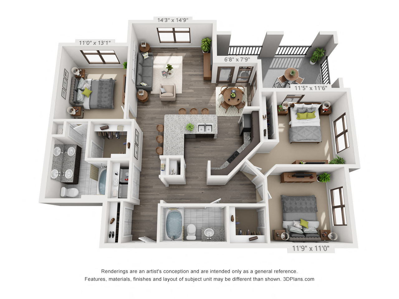 Floor plan for 3 beds, 2 baths, 1346 sqft
